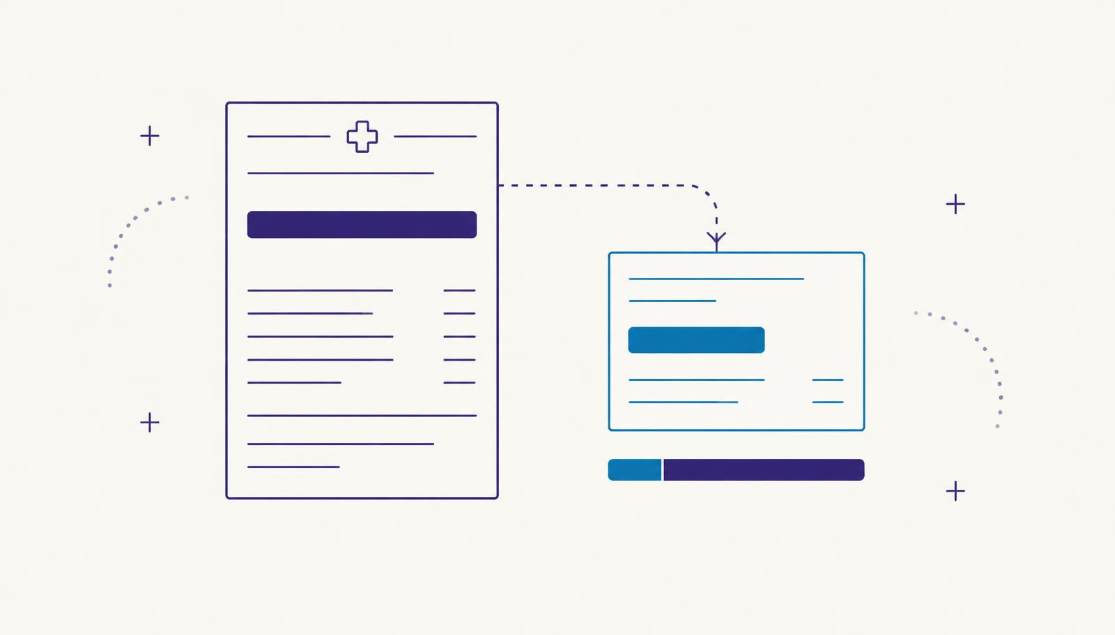 Thin-line illustration of a medical bill with a large charge bar connected by a dashed line to a smaller allowed-amount card with a split coinsurance bar, in deep purple and teal
