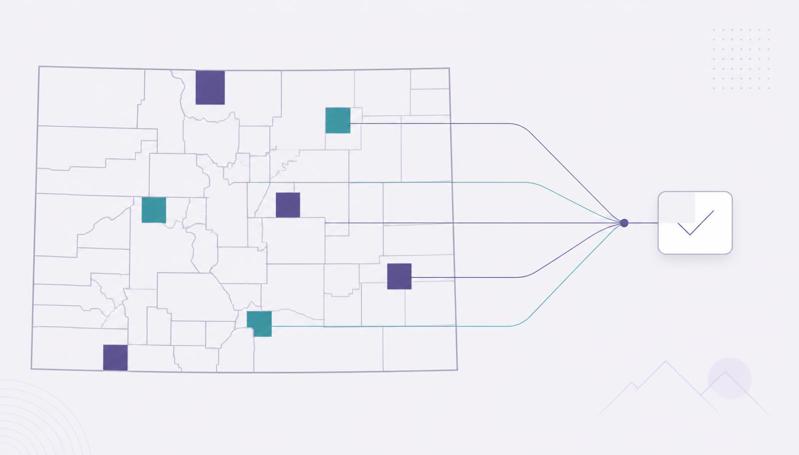 Thin-line illustration of Colorado counties as a fine grid, with a few highlighted cells connecting to a single decision card, in deep purple and teal