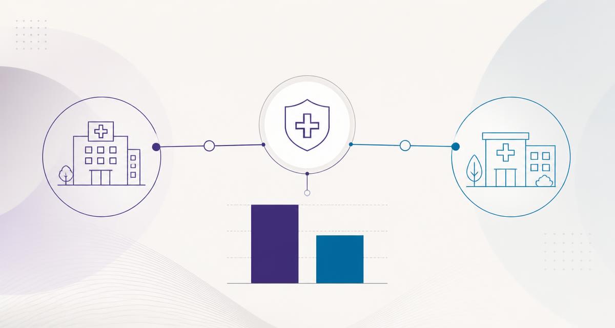 Minimal diagram of two healthcare facilities connected to a health plan network, with subtle price contrast bars in deep purple and teal
