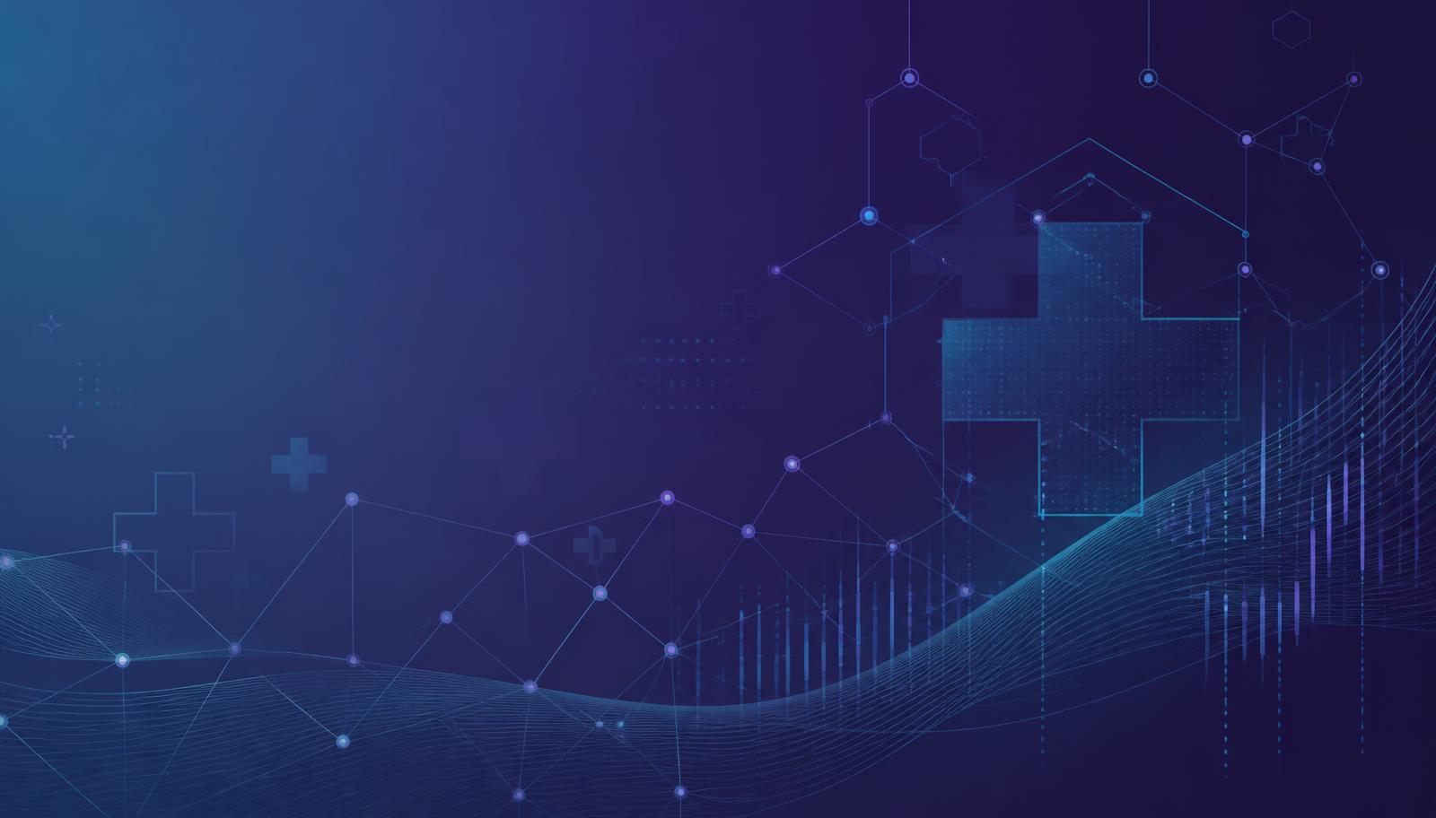 Abstract network of connected data points in deep purple and teal, representing health plan data coming together